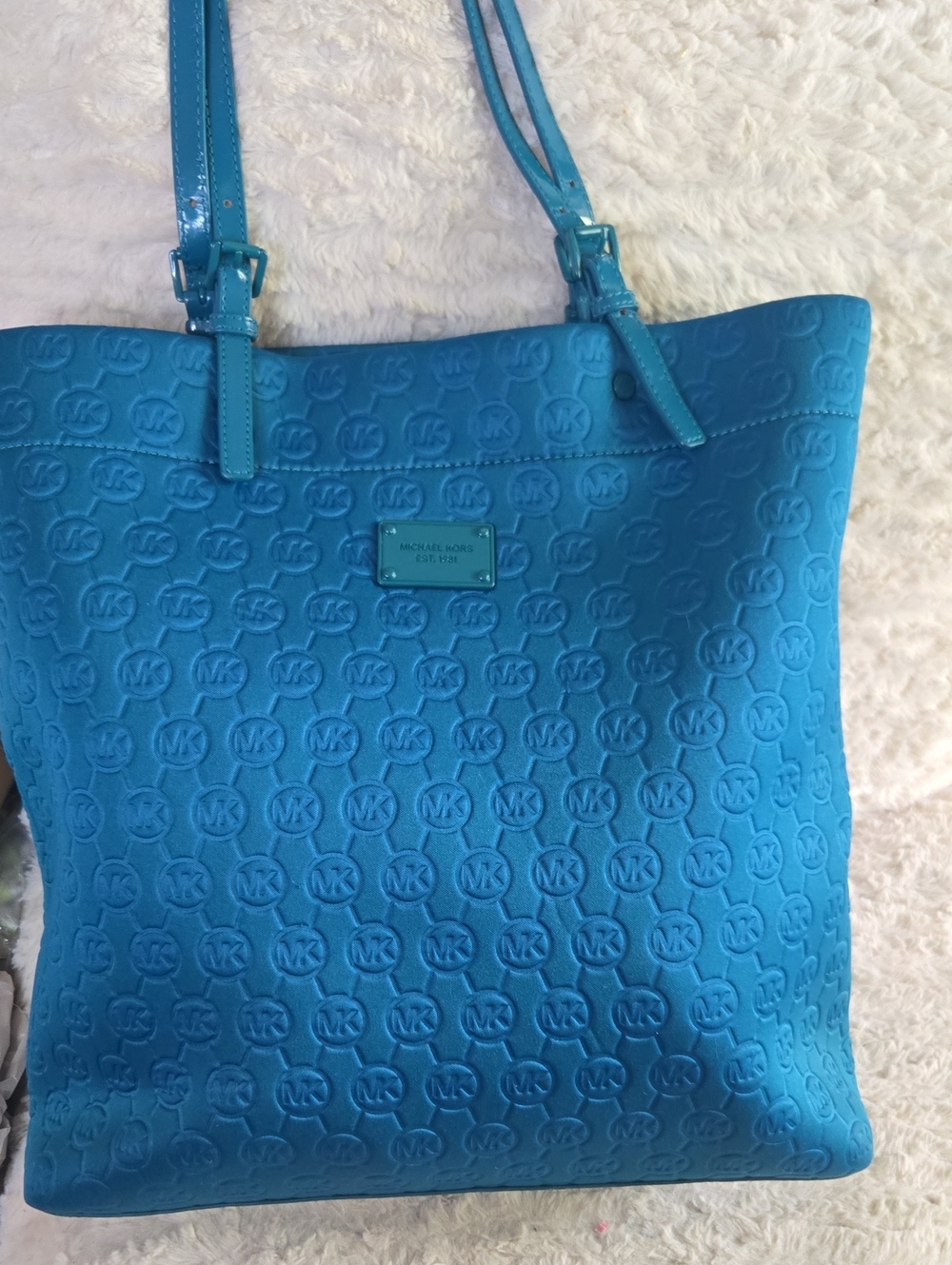 Michael Kors Teal Blue Embossed Logo Tote - Picture 8 of 8